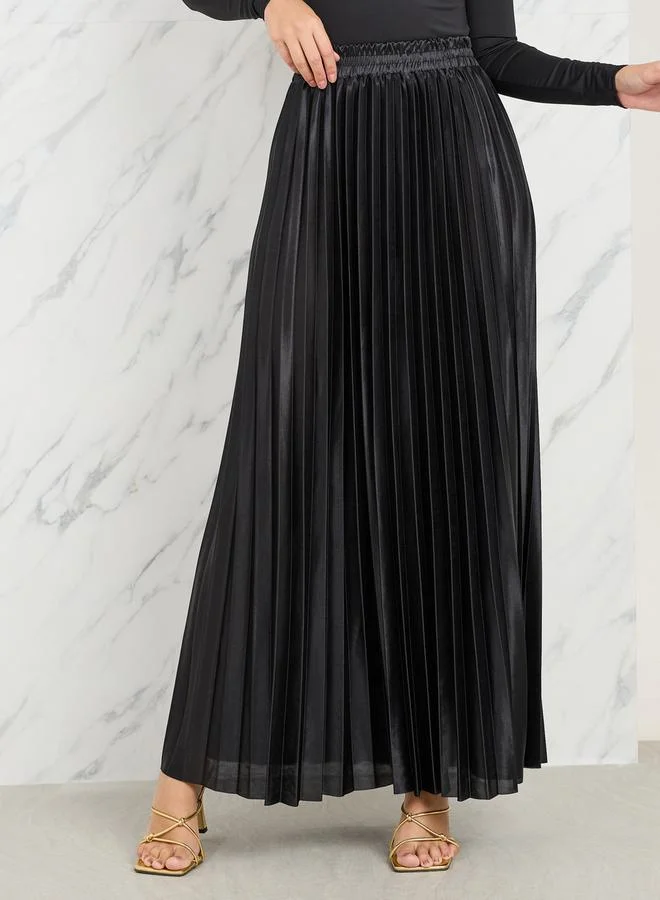Styli Satin Pleated High Rise A-Line Maxi Skirt