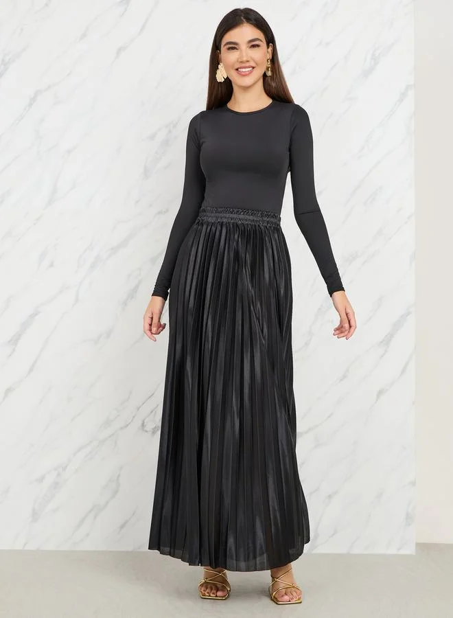 Styli Satin Pleated High Rise A-Line Maxi Skirt