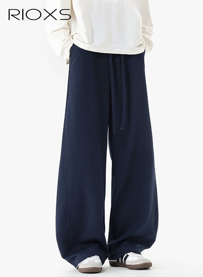 RIOXS Men's Baggy Sweatpants, Wide Leg Elastic Drawstring Waist Athletic Sweatpants with Pockets, Loose Fit Lounge Track Pants, Spring Fall Soft Breathable Sports Pants, Trendy Workout Open Bottom Joggers, for Hiking, Runnig, Yoga, Biking, Daily Wear, Dark Blue - Image 4