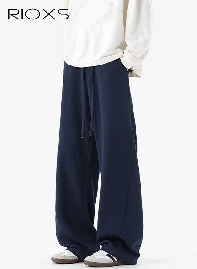 RIOXS Men's Baggy Sweatpants, Wide Leg Elastic Drawstring Waist Athletic Sweatpants with Pockets, Loose Fit Lounge Track Pants, Spring Fall Soft Breathable Sports Pants, Trendy Workout Open Bottom Joggers, for Hiking, Runnig, Yoga, Biking, Daily Wear, Dark Blue - Image 5
