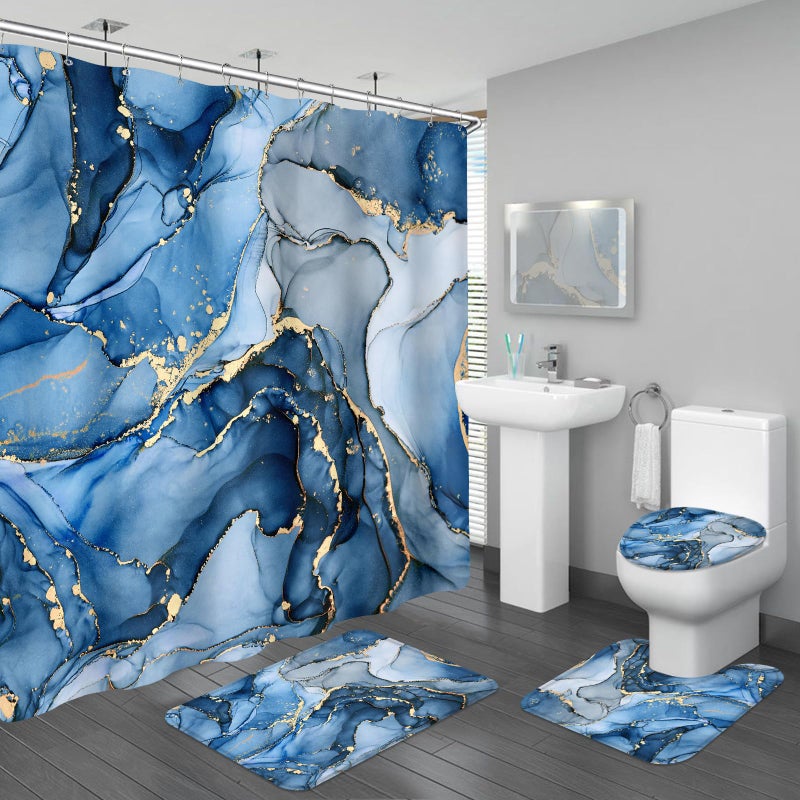 BayNook 4PCS Blue Gold Marble Shower Curtain Sets with Rugs, Abstract Bathroom Sets with Shower Curtain and Rugs, Modern Bathroom Curtains Shower Set with Toilet Lid Cover for Luxury Bathroom Decor - Image 1