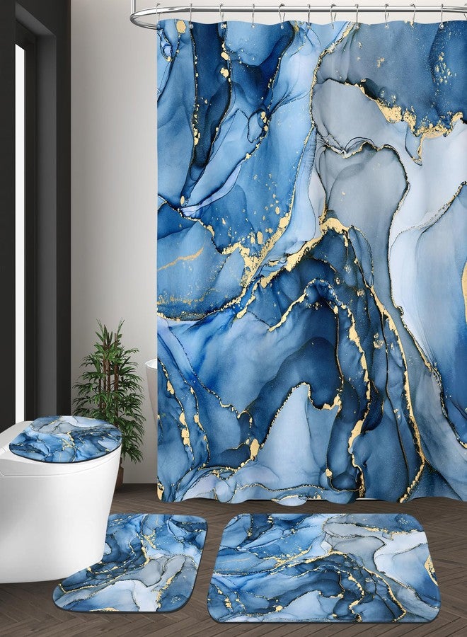 BayNook 4PCS Blue Gold Marble Shower Curtain Sets with Rugs, Abstract Bathroom Sets with Shower Curtain and Rugs, Modern Bathroom Curtains Shower Set with Toilet Lid Cover for Luxury Bathroom Decor - Image 3