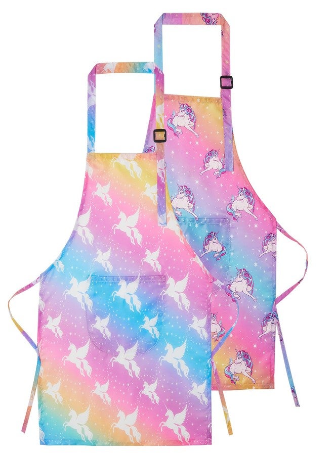 Lictin 2 Pack Kids Apron for Girls Rainbow Unicorn Aprons for Cooking, Waterproof Art Apron with Pockets for Kids Painting Cooking Baking (4-12 Years) - Image 1