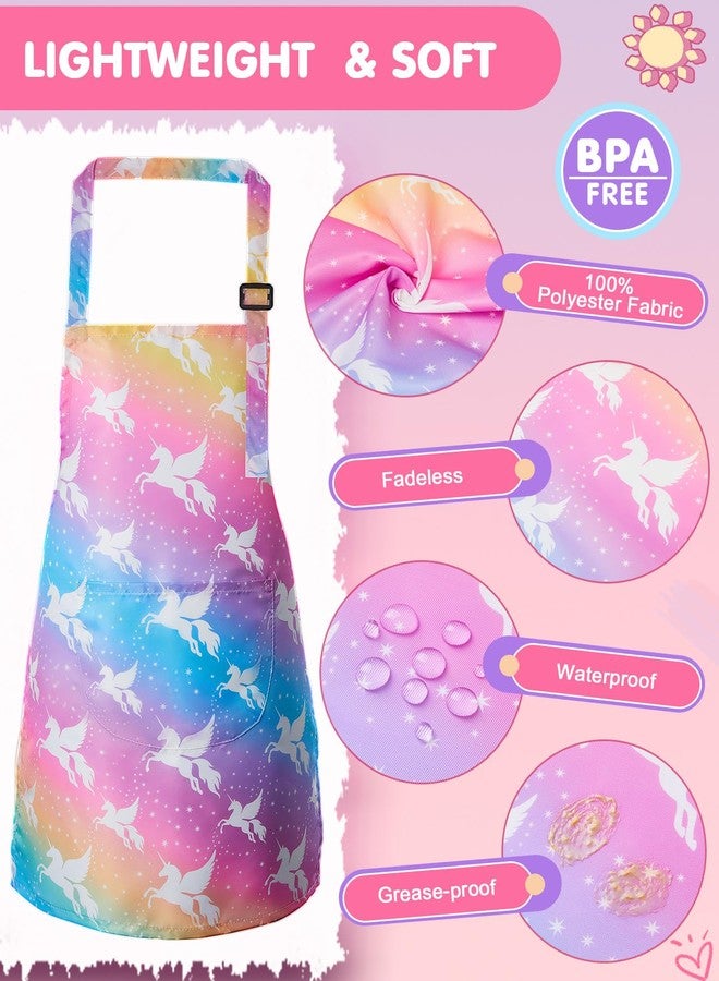 Lictin 2 Pack Kids Apron for Girls Rainbow Unicorn Aprons for Cooking, Waterproof Art Apron with Pockets for Kids Painting Cooking Baking (4-12 Years) - Image 2