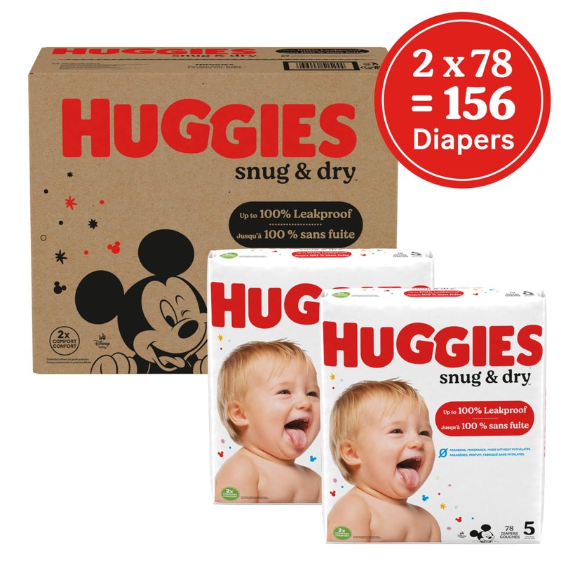 Huggies Size 5 Diapers, Snug & Dry Baby Diapers, Size 5 (27+ lbs), 156 Count (2 Packs of 78), Packaging May Vary - Image 2