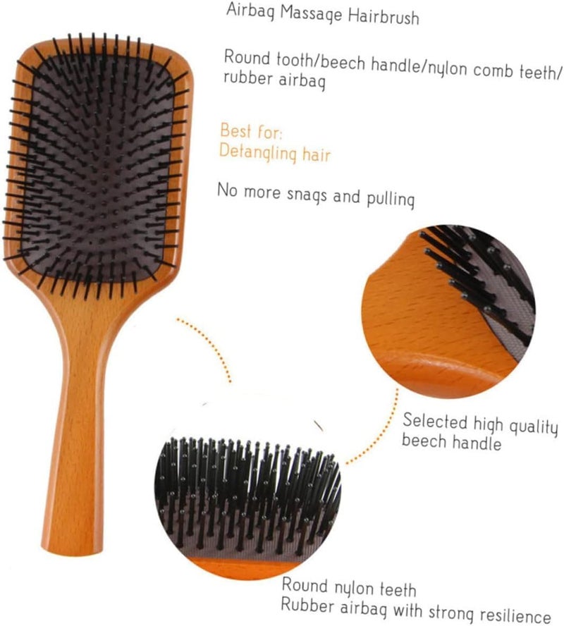 Purfex Wooden Paddle Hair Brush with Nylon Bristles air cushion brush, Detangling Square Paddle Hairbrush for Massaging Scalp, for Women Men and Kids, for All Hair Types, with Ergonomic handle - Image 2