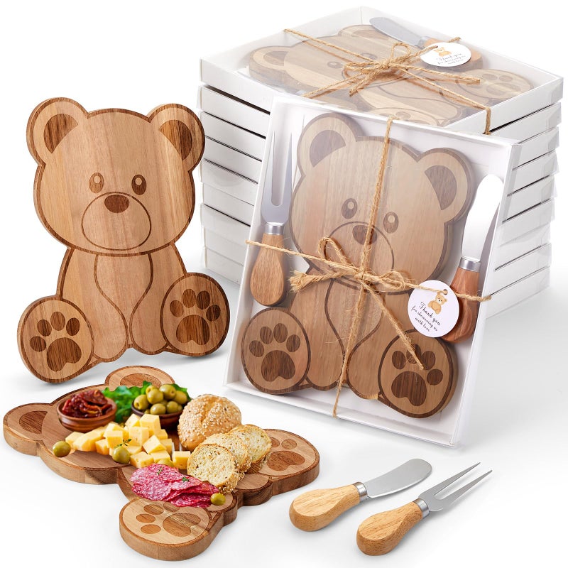 Ziliny 24 Set Baby Shower Prizes Bear Shaped Cheese Board with Cheese Knives and Forks Baby Shower Party Favors Gift Box for Wedding Bridal Birthday Gender Reveal Favor (Acacia Color) - Image 1