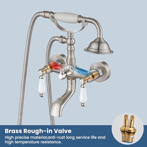 Airuida Wall Mount Bathtub Shower Faucet Kit with Telephone Shaped Handheld Sprayer Double Hot and Cold Water Mixer Tap Wall Mounted Tub Filler Set Vintage Style Lever Handles Brushed Nickel - Image 4