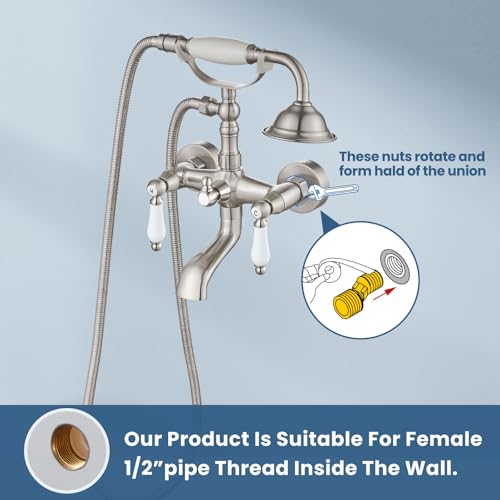 Airuida Wall Mount Bathtub Shower Faucet Kit with Telephone Shaped Handheld Sprayer Double Hot and Cold Water Mixer Tap Wall Mounted Tub Filler Set Vintage Style Lever Handles Brushed Nickel - Image 5