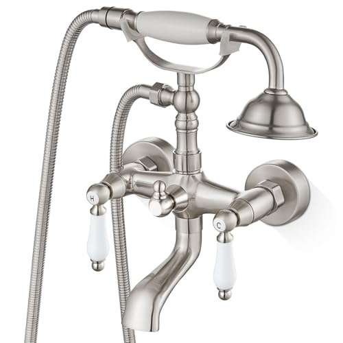 Airuida Wall Mount Bathtub Shower Faucet Kit with Telephone Shaped Handheld Sprayer Double Hot and Cold Water Mixer Tap Wall Mounted Tub Filler Set Vintage Style Lever Handles Brushed Nickel - Image 1