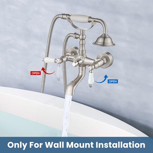 Airuida Wall Mount Bathtub Shower Faucet Kit with Telephone Shaped Handheld Sprayer Double Hot and Cold Water Mixer Tap Wall Mounted Tub Filler Set Vintage Style Lever Handles Brushed Nickel - Image 3