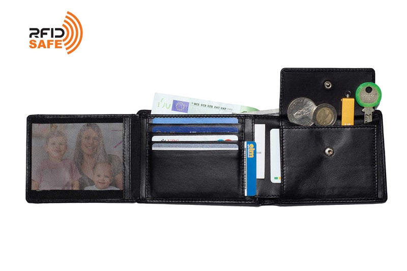 DiLoro Italy Mens Leather Wallet Bifold Flip ID Section Coin RFID Protection Full Grain Men purse Credit Card Holder (Black Lamb) - Image 3