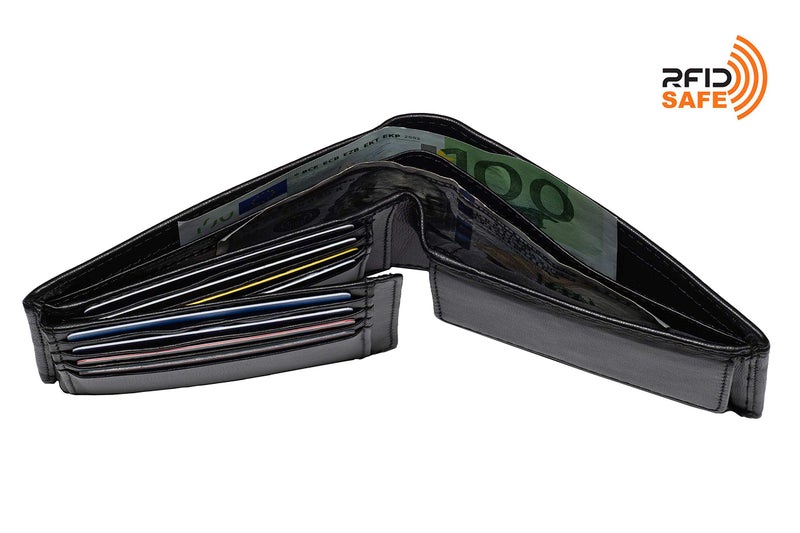 DiLoro Italy Mens Leather Wallet Bifold Flip ID Section Coin RFID Protection Full Grain Men purse Credit Card Holder (Black Lamb) - Image 5