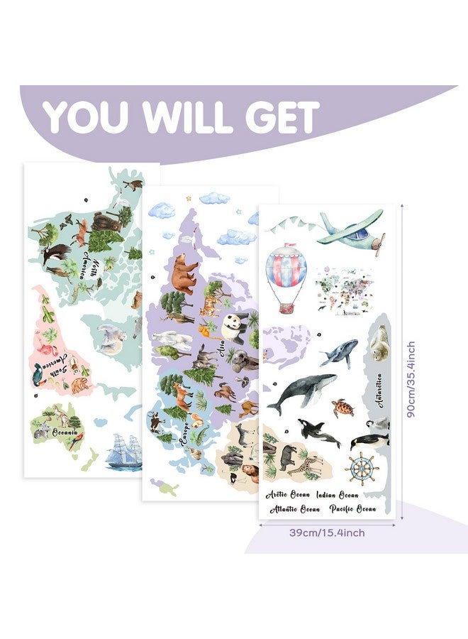iinuu Animal World Map Kids Wall Decals Peel and Stick Watercolor Kids World Map Wall Stickers Removable Kids Educational Vinyl World Map Wall Art Decor for Classroom Nursery Preschool Daycare Bedroom - Image 3
