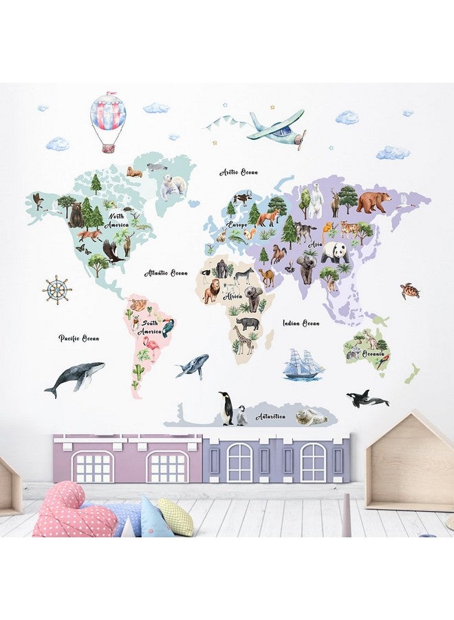 iinuu Animal World Map Kids Wall Decals Peel and Stick Watercolor Kids World Map Wall Stickers Removable Kids Educational Vinyl World Map Wall Art Decor for Classroom Nursery Preschool Daycare Bedroom - Image 1
