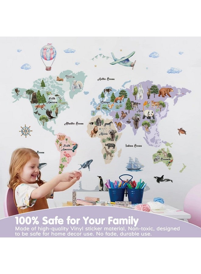 iinuu Animal World Map Kids Wall Decals Peel and Stick Watercolor Kids World Map Wall Stickers Removable Kids Educational Vinyl World Map Wall Art Decor for Classroom Nursery Preschool Daycare Bedroom - Image 5