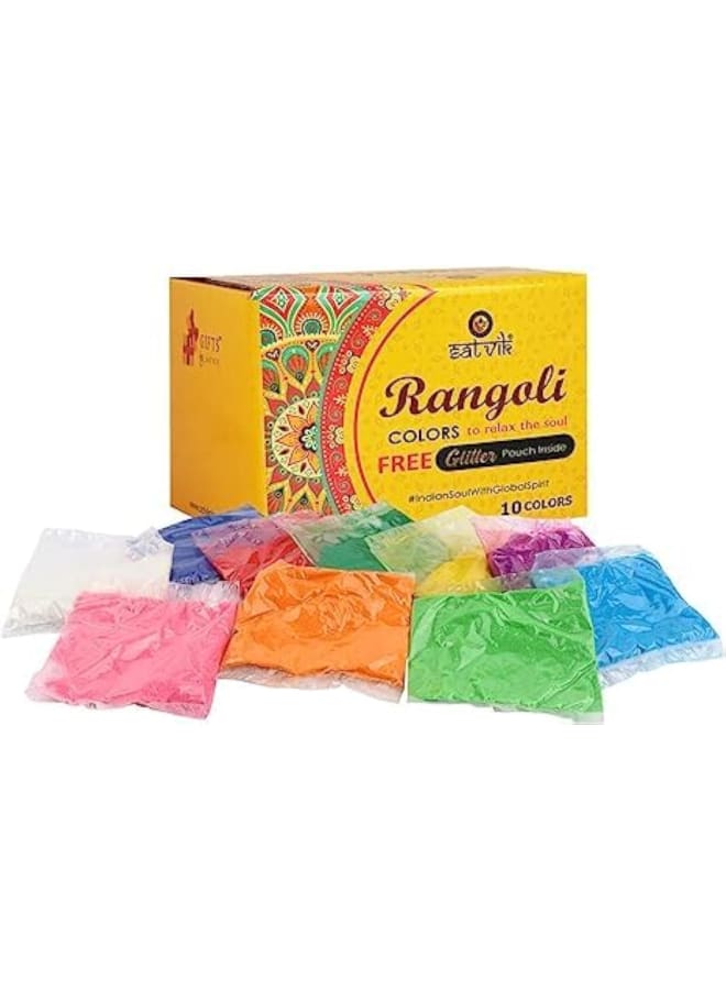 Craftsman Rangoli Colour Glitter Rangoli Colors. Real Rangoli Colours kit (NO Rangoli Decoration.Diwali Gift.(10 Shades). 65 GM Color Per Pouch Indian Gift Items.  - Image 1
