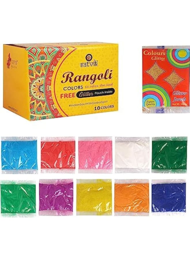 Craftsman Rangoli Colour Glitter Rangoli Colors. Real Rangoli Colours kit (NO Rangoli Decoration.Diwali Gift.(10 Shades). 65 GM Color Per Pouch Indian Gift Items.  - Image 2