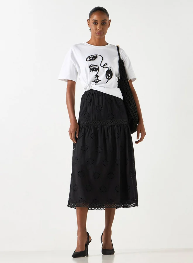 2Xtremz 2xtremz Schiffli Textured A-line Midi Skirt with Elasticated Waistband