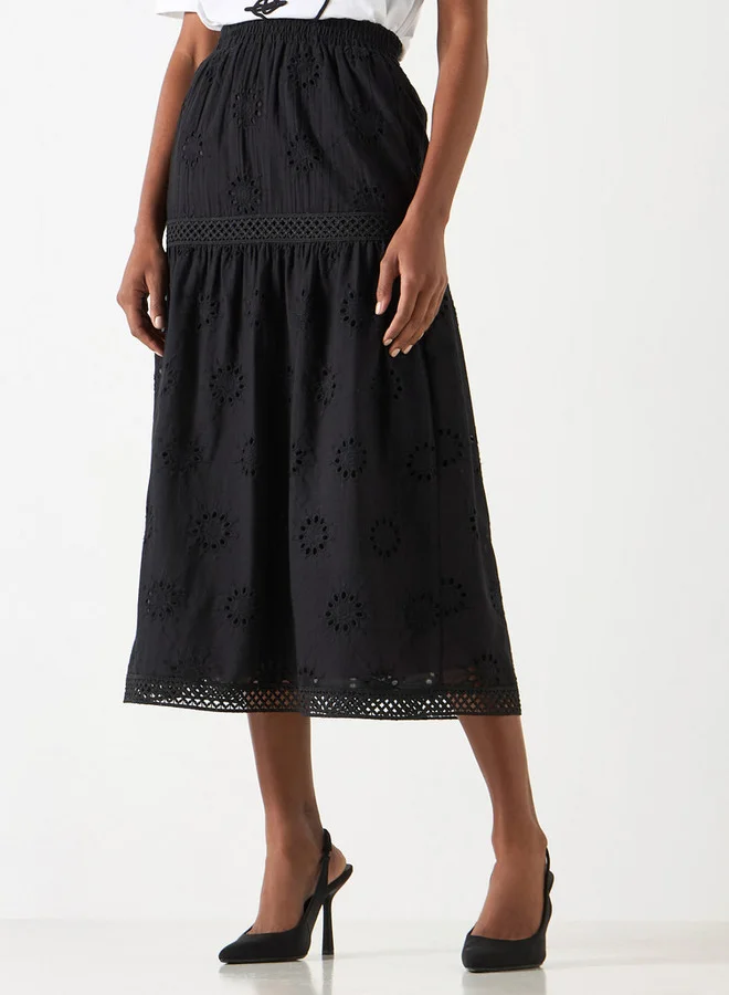 2Xtremz 2xtremz Schiffli Textured A-line Midi Skirt with Elasticated Waistband