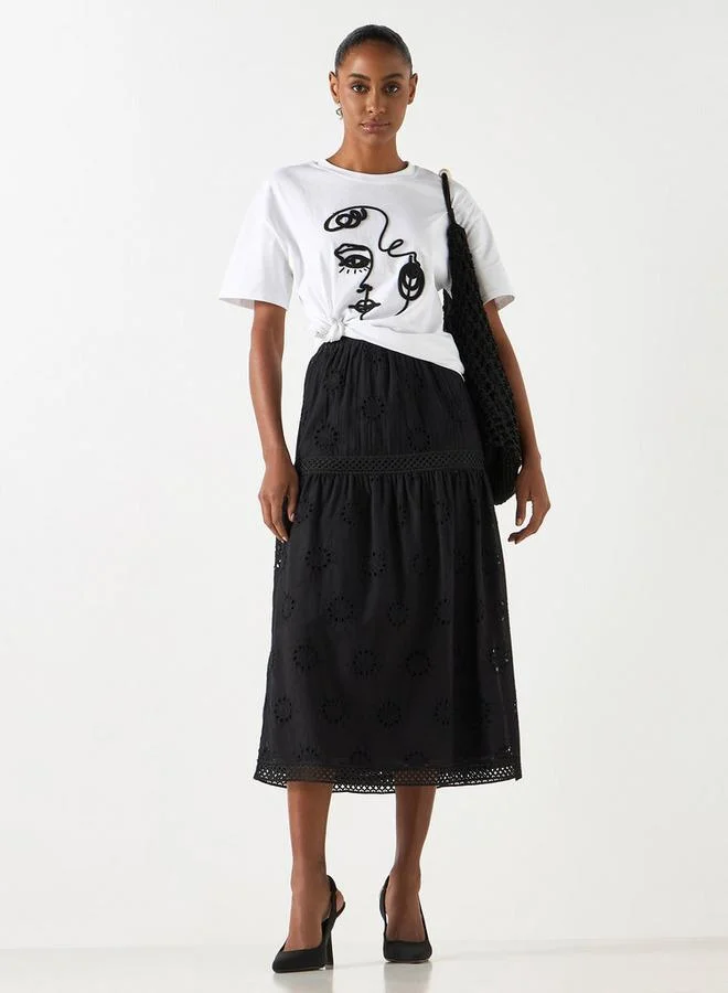 2Xtremz 2xtremz Schiffli Textured A-line Midi Skirt with Elasticated Waistband