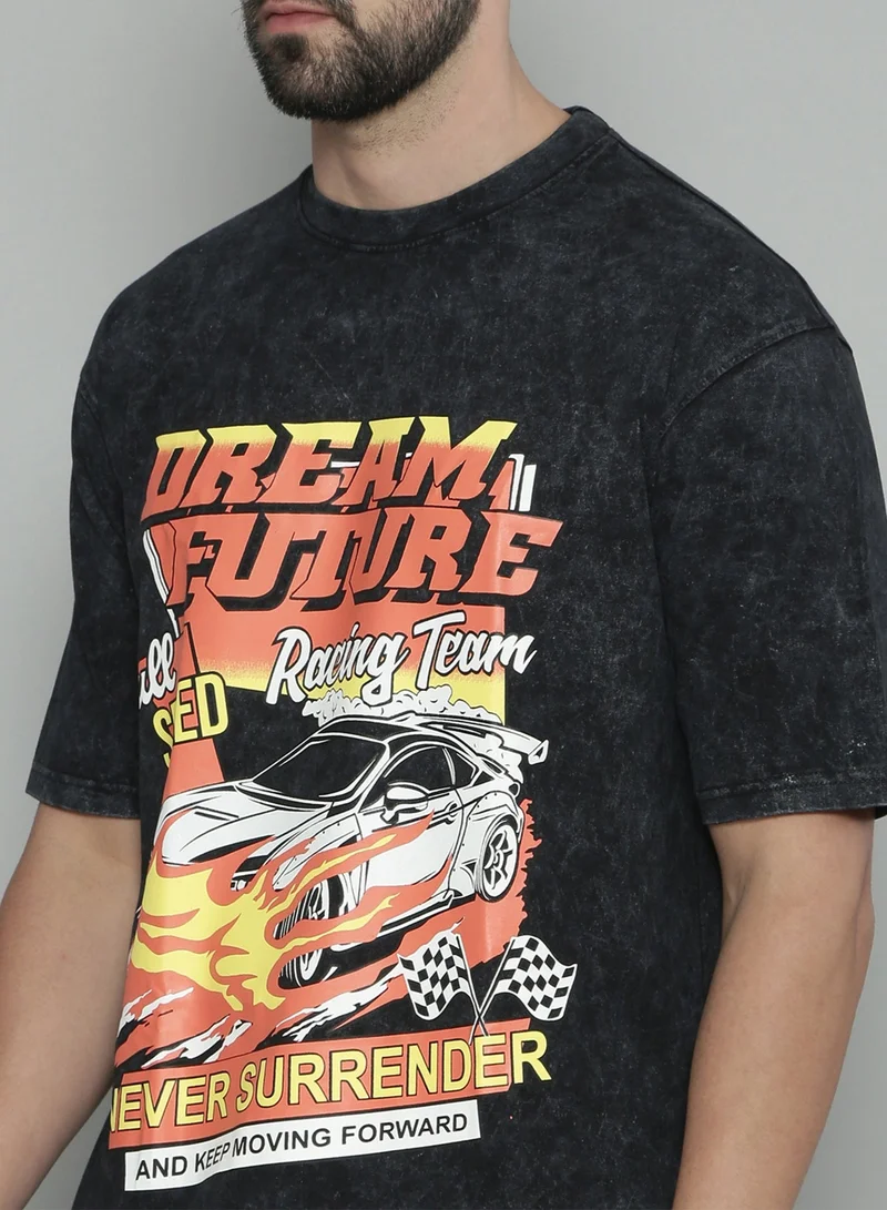 Maniac  Maniac Car Racing Printed Mens Round Neck 3/4th Sleeve Black Cotton Acid Wash Oversized T-Shirt for Men | Best Price UAE