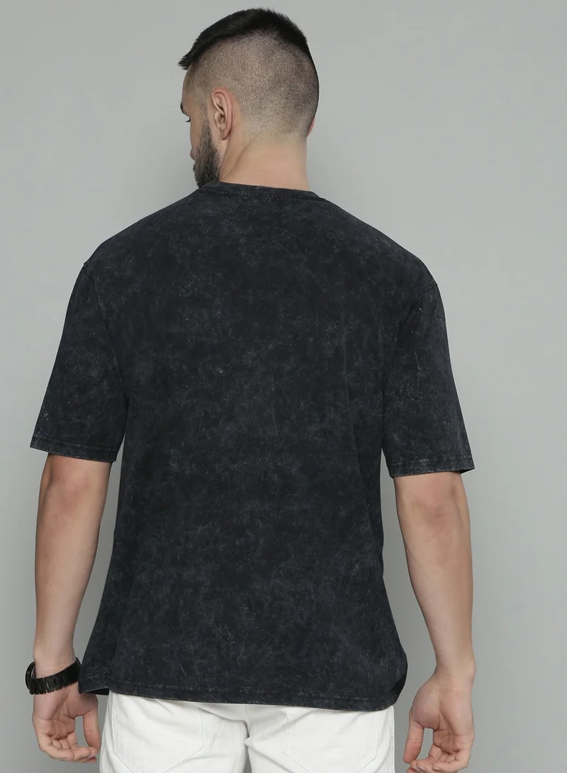 Maniac  Maniac Car Racing Printed Mens Round Neck 3/4th Sleeve Black Cotton Acid Wash Oversized T-Shirt for Men | Best Price UAE