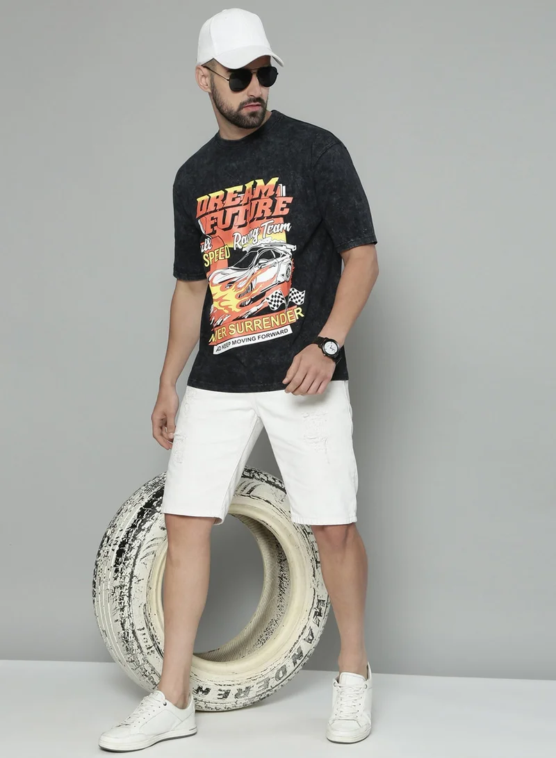 Maniac  Maniac Car Racing Printed Mens Round Neck 3/4th Sleeve Black Cotton Acid Wash Oversized T-Shirt for Men | Best Price UAE