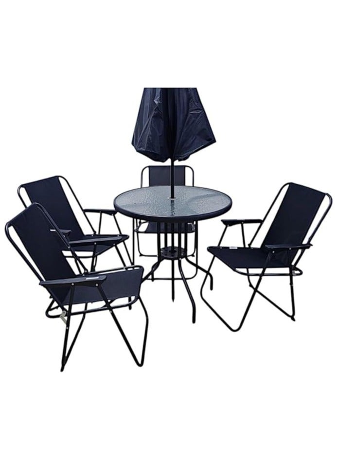 5-Piece Outdoor Patio Furniture Set MH-FS6-BLACK with Umbrella, Table, and 4 Folding Chairs - Durable and Stylish for Backyard and Garden - Image 1