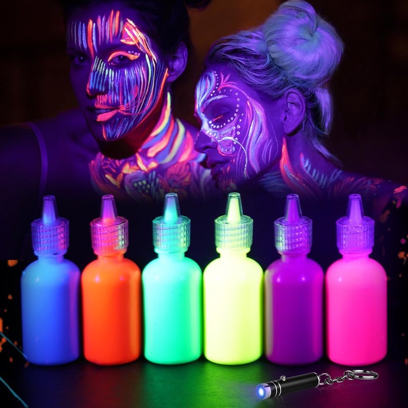 LOPHE UV Body Painting Set 6 Pcs 30ML Ultraviolet Glow Face Paint with UV Lamp UV Glowing Neon Liquid Face Painting Non Toxic Face Body Paint for Carnival Halloween Cosplay Makeup Art Paint
