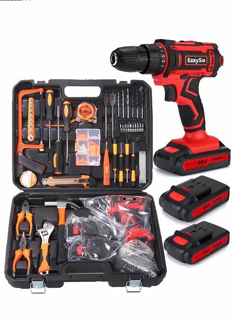128 Piece Power Tools Kit with 48V Cordless Drill, Professional Household Home Tool Kit Set with DIY Hand Tool Kits for Garden Office House Repair Maintain