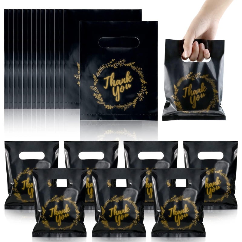 BadenBach 200 Pack Small Thank You Bags, 8" x 6", Black Plastic Shopping Bag Bulk Cute Retail Thank You Gift Bags Goodie Bag for Small Business Boutique Wedding Birthday Baby Shower Festival - Image 1