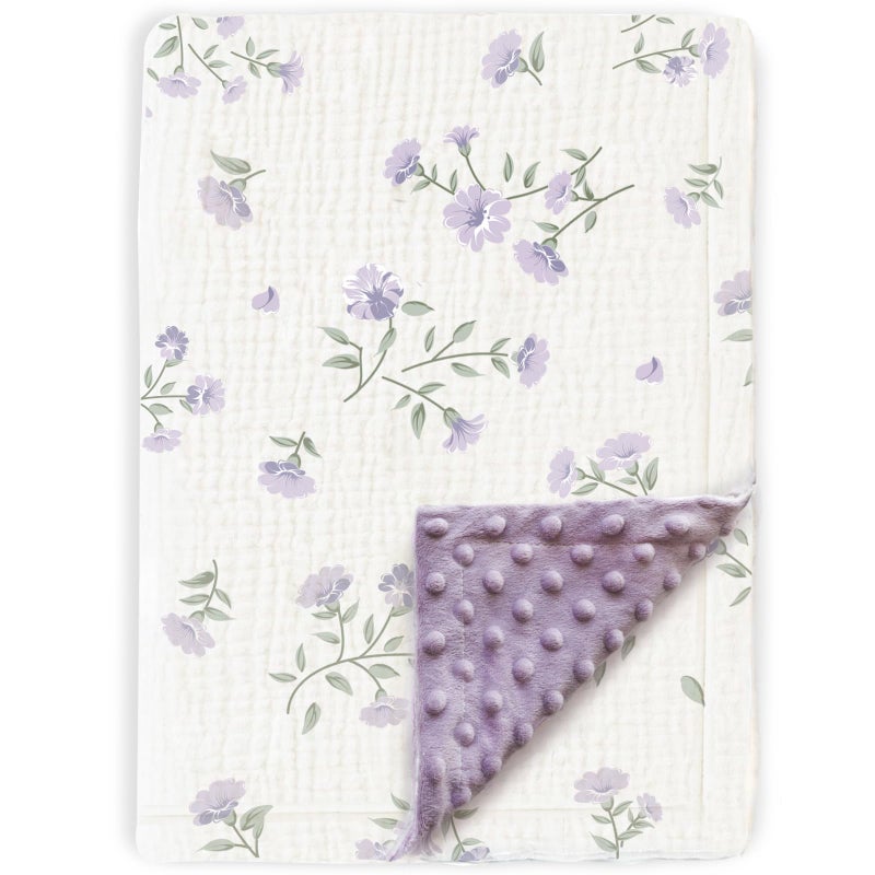 BOPRIO Muslin Baby Blankets for Girls Super Soft Nursery Minky Blankets with Breathable Muslin Cotton Front and 3D Touch Dotted Fleece Backing, Pink Floral Printed Bed Throws Newborn 30 x 40 Inch - Image 1
