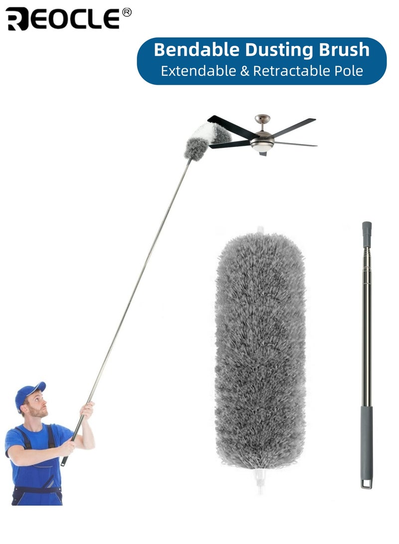 ريوكل فرشة غبار قابلة للسحب مع رأس قابل للثني عمود تمديد 2.8 متر ومكنسة 40 سم منظف يدوي معدني متين للأسقف العالية والمراوح والسيارات والأثاث - Image 1