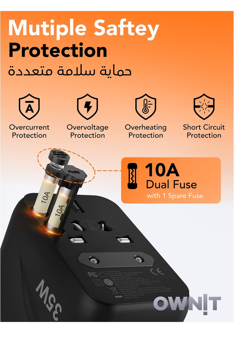 Ownit [2025 UPGRADED] OWNIT 35.5W PD Travel Adapter, 35W/QC 3.0 PD Type-C International Adapter, Universal Travel Adapter with 3 Fast Charging Type C Ports, 2 USB Ports for USA, UK and AUS with Zipper Pouch - Image 5