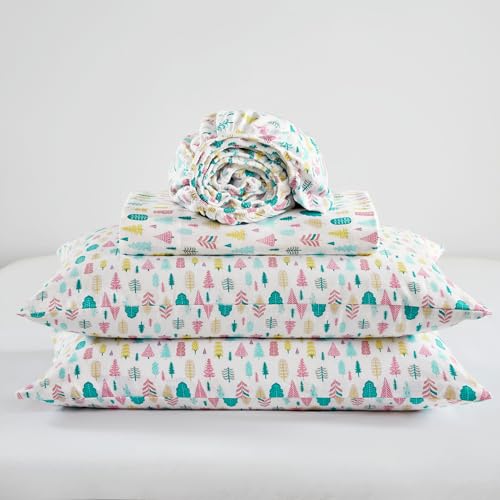 Intelligent Design Cozy Soft 100 Cotton Flannel Sheets Breathable Festive Adorable Print Cotton Flannel Sheet Set Deep Pocket Sheet Fits Up to 16 Mattress Queen White Holiday Trees 4 Piece - Image 1