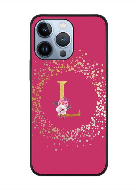 Rugged Black edge case for Apple iPhone 13 Pro, Slim fit Rubber Edges  -  Custom Monogram Initial Letter Floral Pattern Alphabet - L  (Dark Pink Rose )