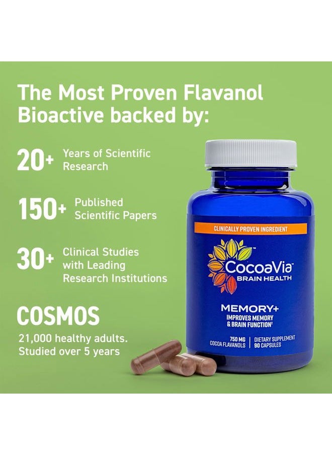 CocoaVia Memory+ Brain Supplement, Clinically Proven Memory and Brain Booster, Plant Based Supplement, Sugar Free, Gluten Free, Vegan, 750 mg Cocoa Flavanols Capsules, 30 Day Supply  - Image 4