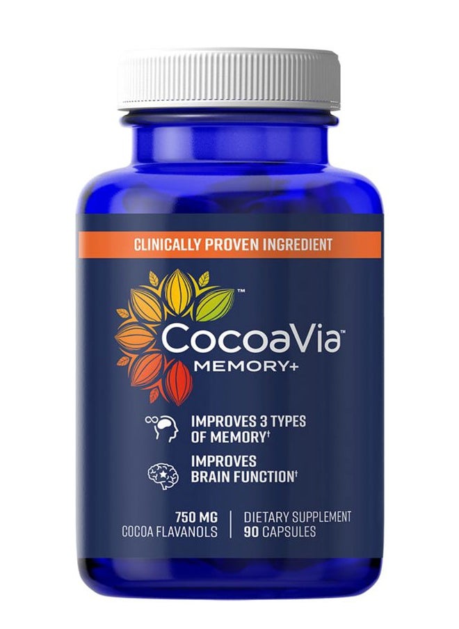 CocoaVia Memory+ Brain Supplement, Clinically Proven Memory and Brain Booster, Plant Based Supplement, Sugar Free, Gluten Free, Vegan, 750 mg Cocoa Flavanols Capsules, 30 Day Supply  - Image 1