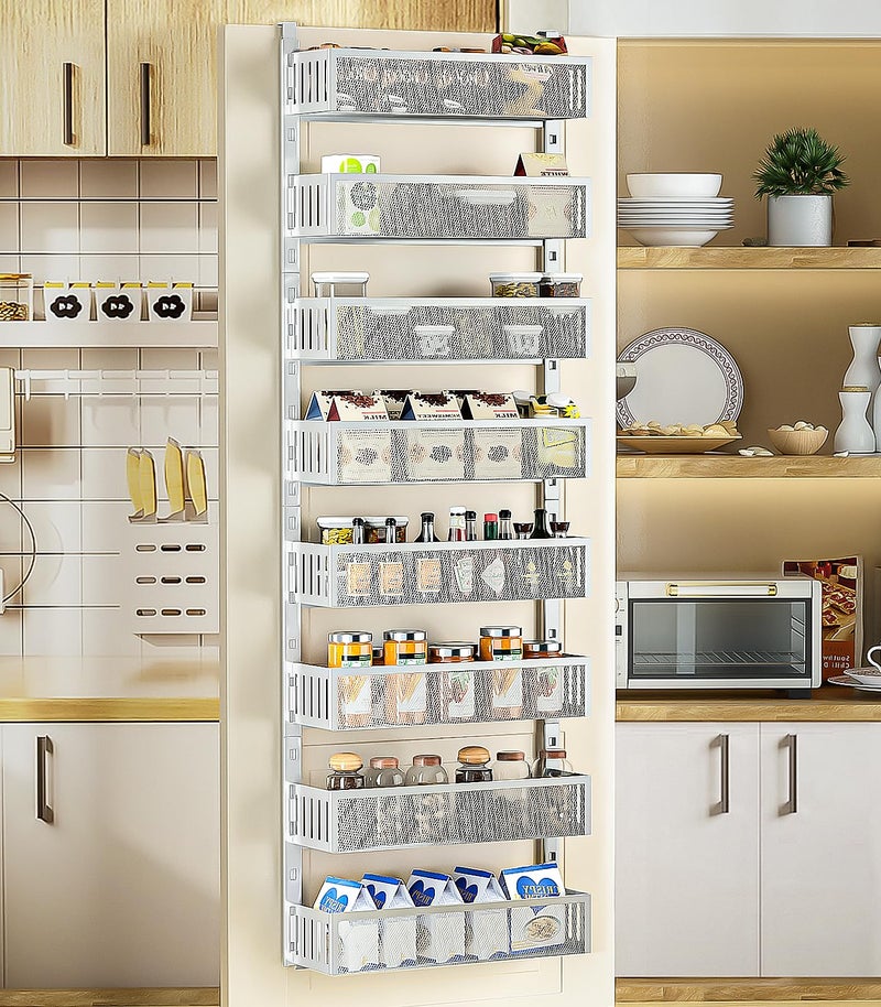 DAOTENGQL 8-Tier Over The Door Pantry Organizer with Mesh Baskets, Adjustable & Stable Hanging Spice Rack for Kitchen, Bathroom, Bedroom, and Baby Essentials Storage (16" W 8-Tiers, White) - Image 1