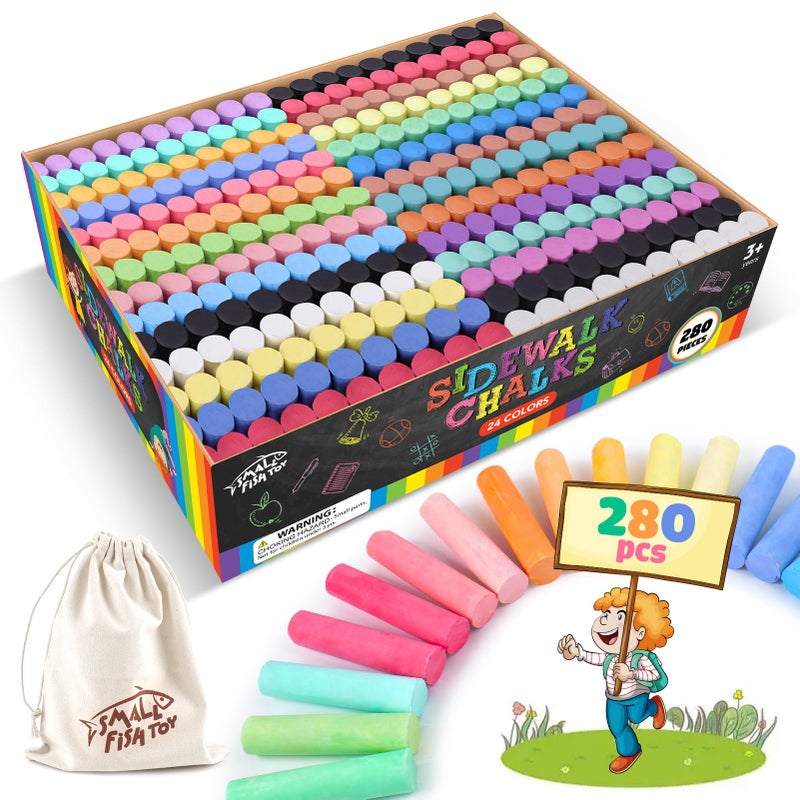 SMALL FISH 280PCS Sidewalk Chalks in 24 Colors: Washable Jumbo Chalk Set for Kids Toddlers, Non-Toxic Dustless Colored Chalk Bulk for Outdoor Art, Party Favors, Painting on Chalkboard Blackboard Playground - Image 1