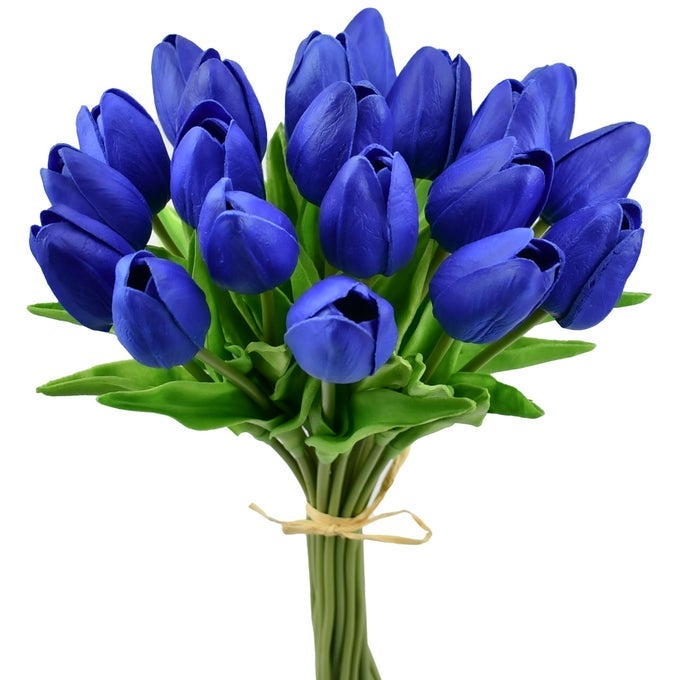 MANDYS ARTIFICIAL TULIPS 20 STEMS ROYAL BLUE PU FAUX FLOWERS FOR VALENTINES DAY AND NEW YEAR DECORATIONS WEDDING HOME DECOR 135 INCH