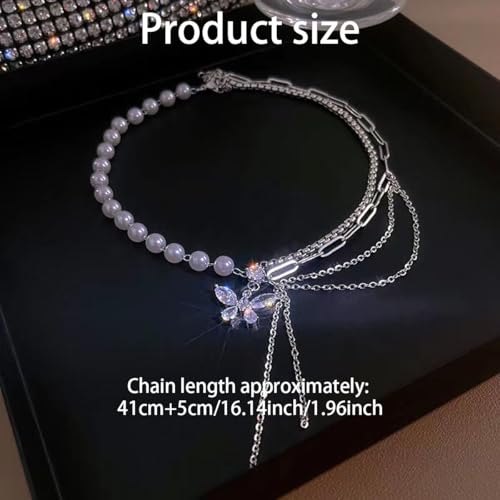 FFZDENA 2Pcs Pearl Necklace Set for Women Stylish, Butterfly Rhinestone Girl Necklace with Open Ring, Layered Necklace for Women, Gothic Y2K Jewelry for Teens, Fashion Gift for Daughter Sister - Image 2
