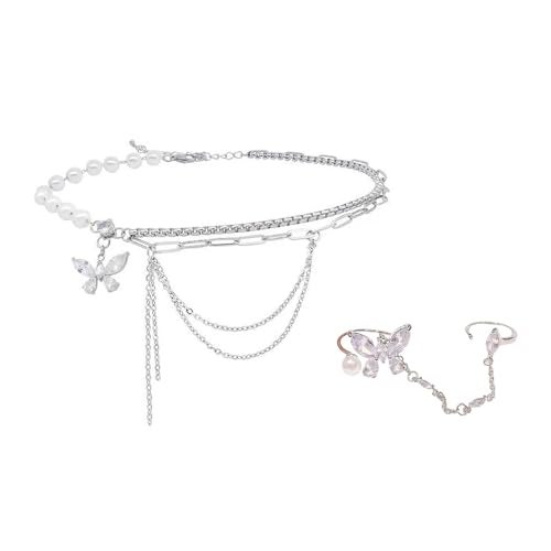 FFZDENA 2Pcs Pearl Necklace Set for Women Stylish, Butterfly Rhinestone Girl Necklace with Open Ring, Layered Necklace for Women, Gothic Y2K Jewelry for Teens, Fashion Gift for Daughter Sister - Image 1