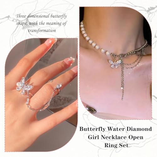 FFZDENA 2Pcs Pearl Necklace Set for Women Stylish, Butterfly Rhinestone Girl Necklace with Open Ring, Layered Necklace for Women, Gothic Y2K Jewelry for Teens, Fashion Gift for Daughter Sister - Image 4