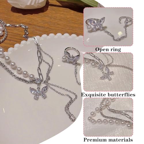 FFZDENA 2Pcs Pearl Necklace Set for Women Stylish, Butterfly Rhinestone Girl Necklace with Open Ring, Layered Necklace for Women, Gothic Y2K Jewelry for Teens, Fashion Gift for Daughter Sister - Image 3