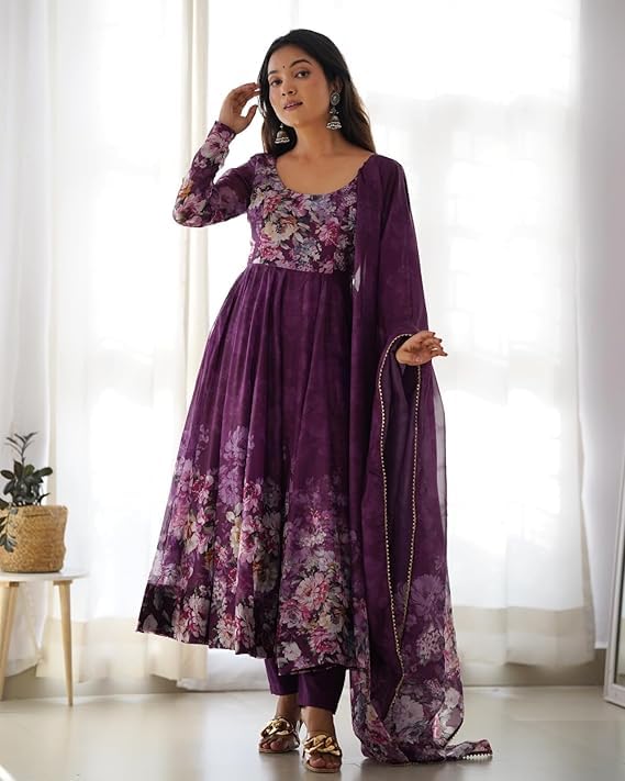 KD Women's Floral Print Anarkali Kurta Set with Pant and Dupatta, Georgette, Full Sleeves, Asymmetric Hemline (IN, Alpha, M, Regular, PURPLE) - Image 4