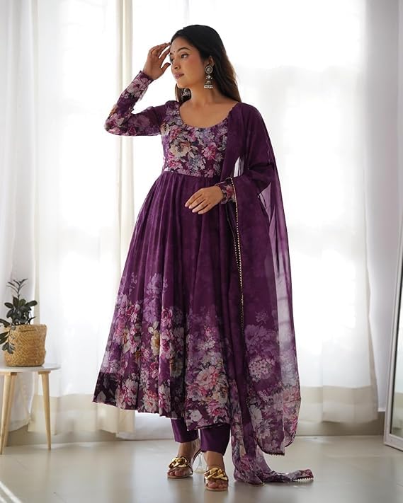 KD Women's Floral Print Anarkali Kurta Set with Pant and Dupatta, Georgette, Full Sleeves, Asymmetric Hemline (IN, Alpha, M, Regular, PURPLE) - Image 3