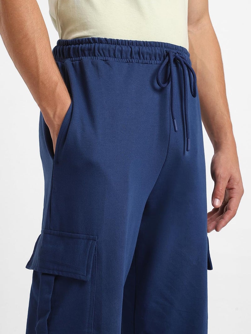 NOBERO Men's Mid Rise Oversized Navy Blue Cargo Joggers-S - Image 4