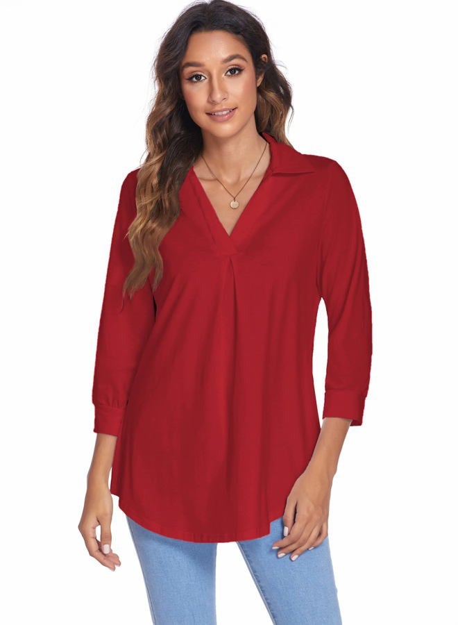 Newchoice Womens Collared V Neck 3/4 Sleeve Shirts Business Casual Tops Loose Work Blouses (M-3XL), Red, XL - Image 3